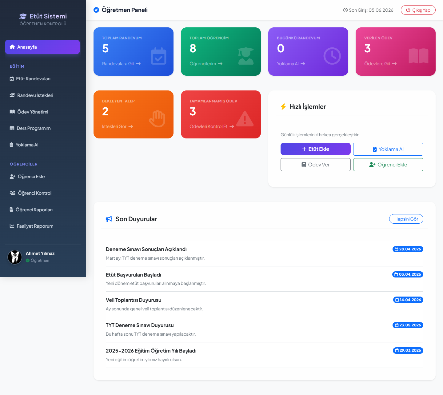 Etüt Randevu Sistemi - Online Etüt ve Öğrenci Takip Platformu